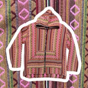 VTG Sunshine Joy Pink Striped Woven Baja Hoodie Full Zip Cotton Jacket M/L Boho
